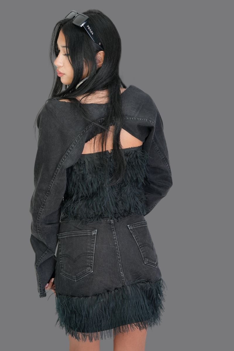 Black Denim Skirt with Fur