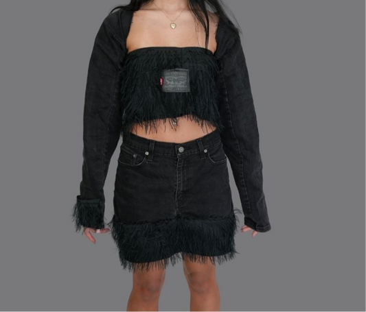 Black Denim Skirt with Fur