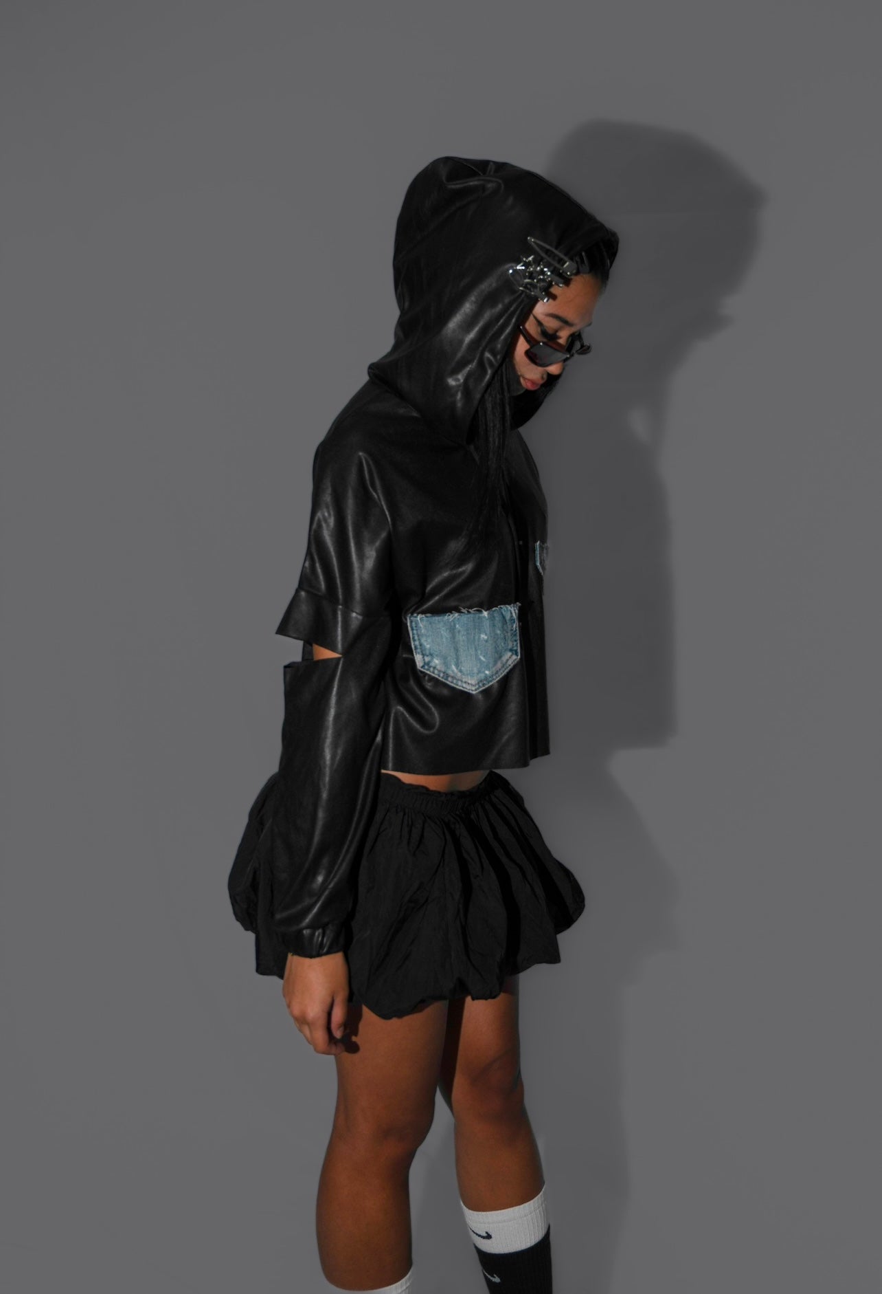 Leather cut-out hoodie