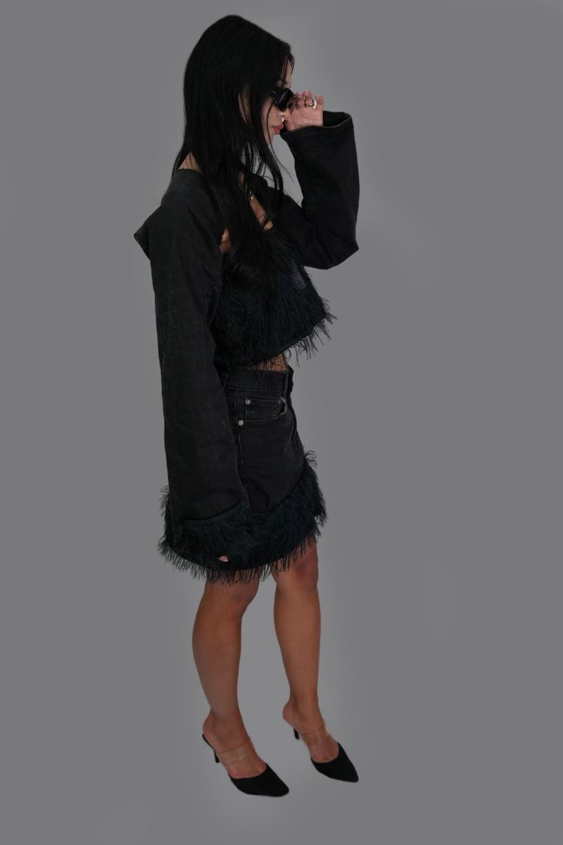 Black Denim Skirt with Fur
